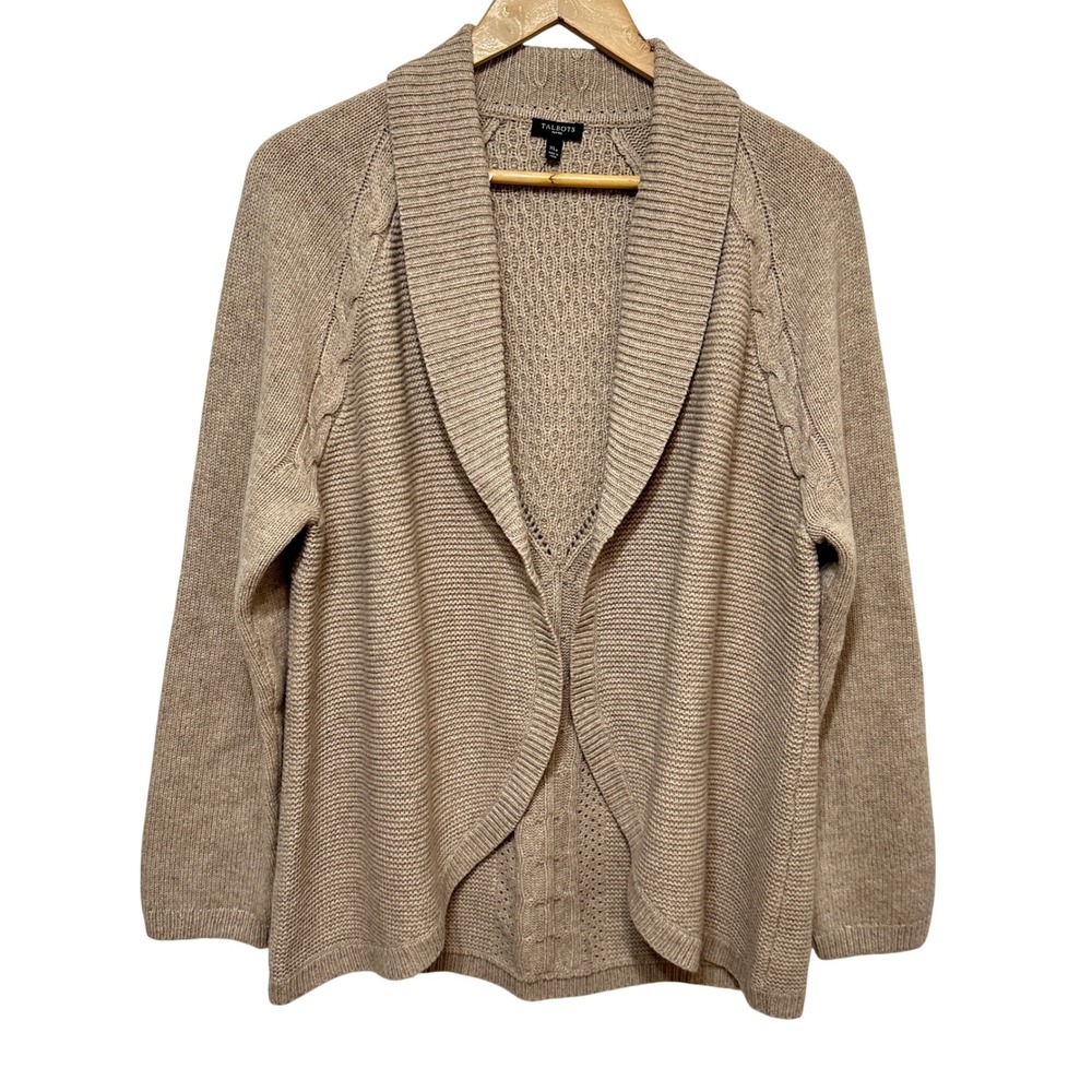 NEW Talbots Wool Cashmere Cardigan Sweater Womens XLP Tan Cable Knit Open Front